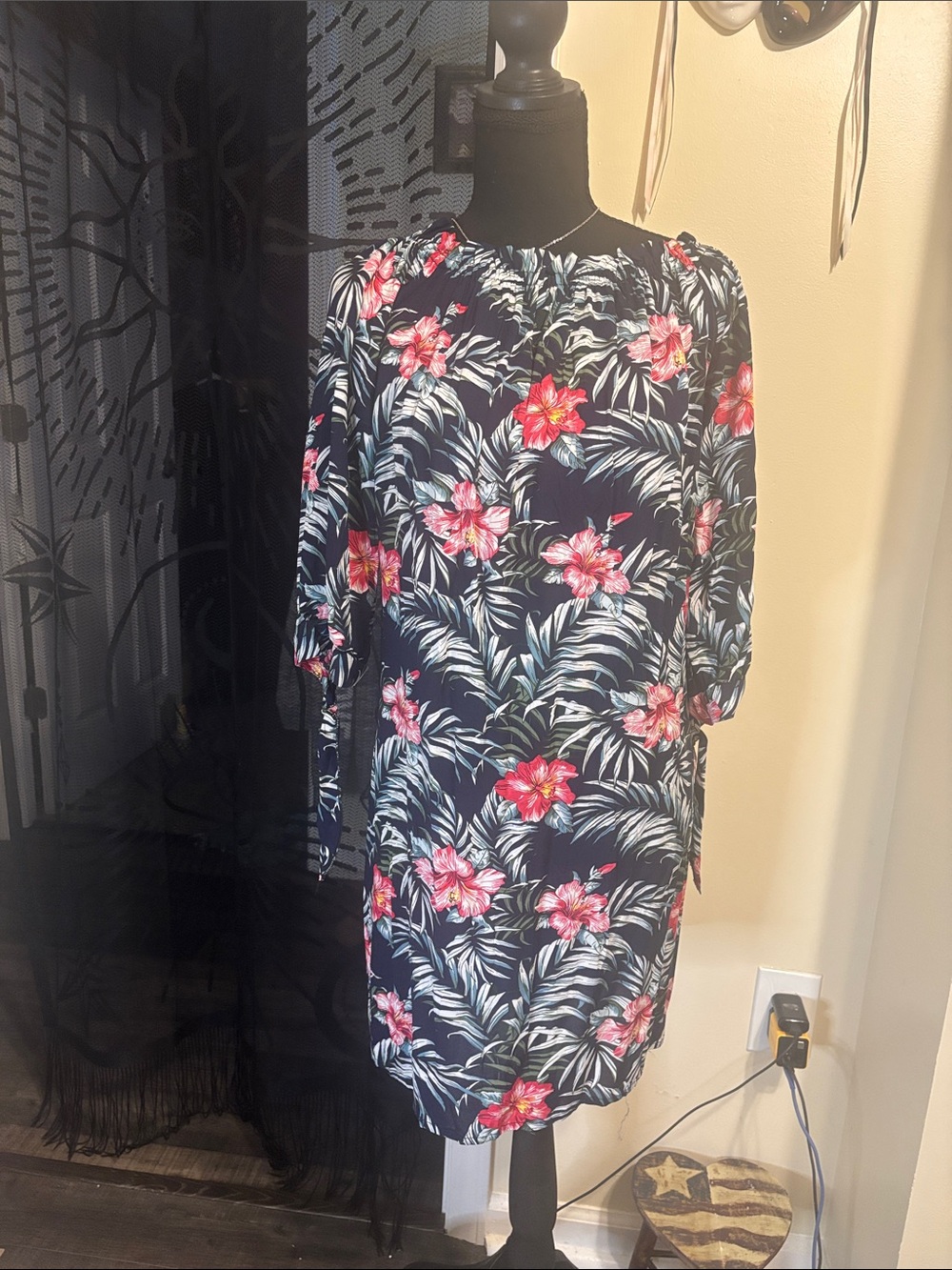Navy Floral Midi Dress with Pink Hibiscus Accents